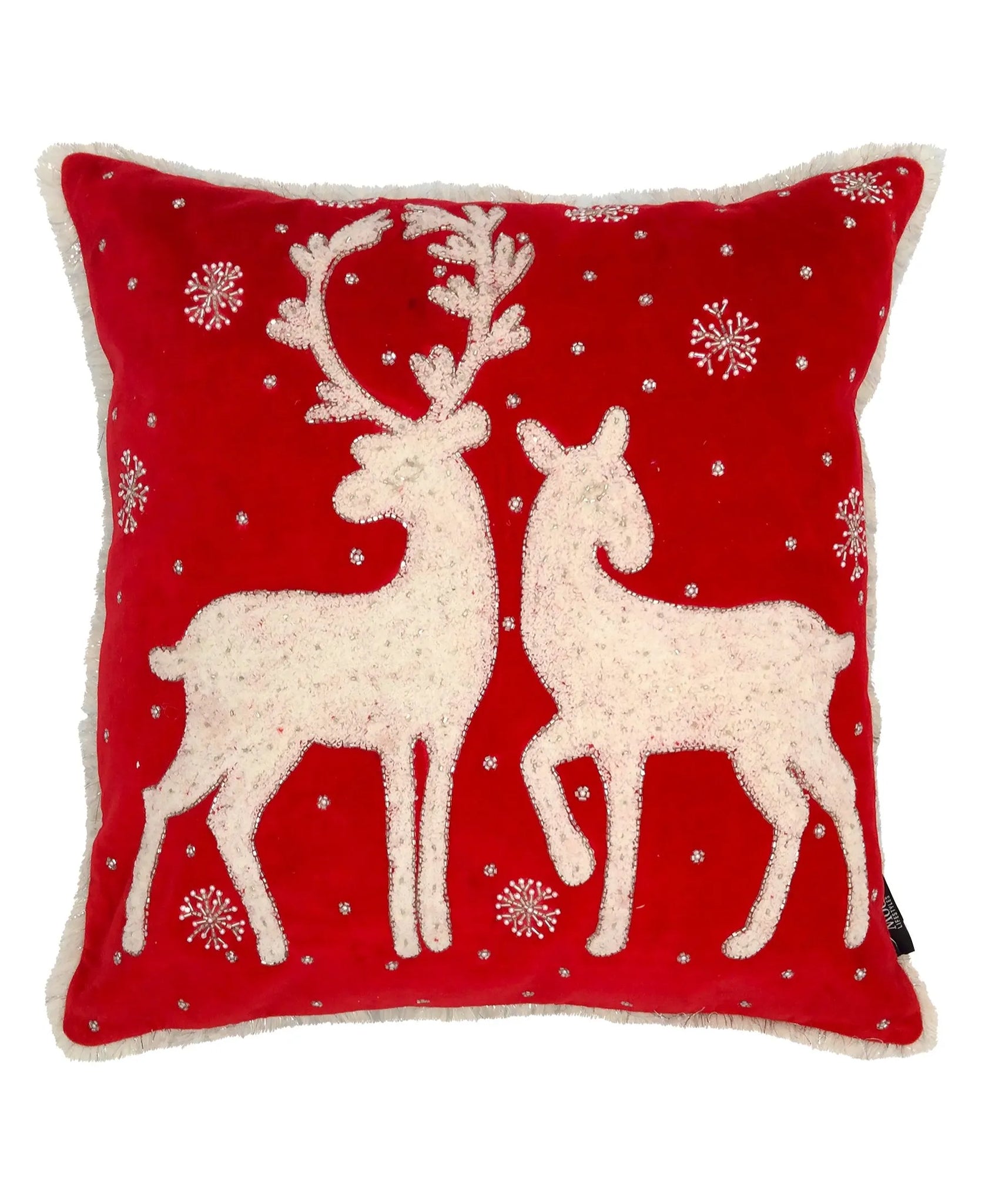 20” Red & White Handloomed Christmas Throw Pillow with Reindeer